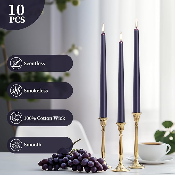 KONNI 0.87×10 Inch Dark Blue Taper Candles, Unscented and Smokeless Tall Candlesticks, 10 Pack Tapered Candles with Cotton Wicks, Long Burning, Ideal for Weddings, Dinner Parties, and Home Décor