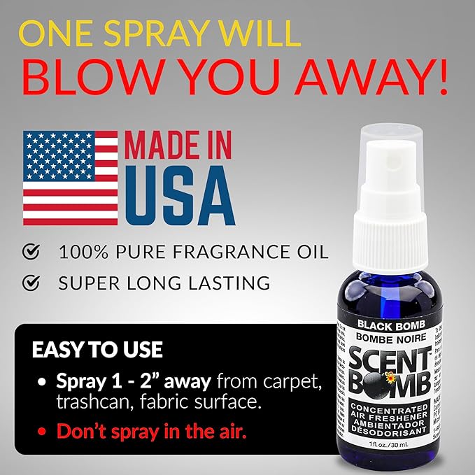 Scent Bomb Air Freshener Spray, Long-Lasting Odor Eliminator - Effective Deodorizer for Home & Car, Fresh Room Spray for Kitchen, Bathroom & Smell Neutralizer - 1 oz Pack of 4, Black Bomb Scent