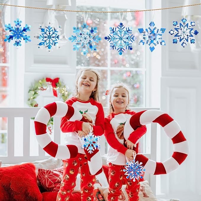 Funrous 48 Sets Snowflake Crafts Kit Winter Paper Crafts DIY White Snowflake Christmas Hanging Ornaments with Pompoms Diamond Stickers for Holiday Classroom Activities Arts Party Favors