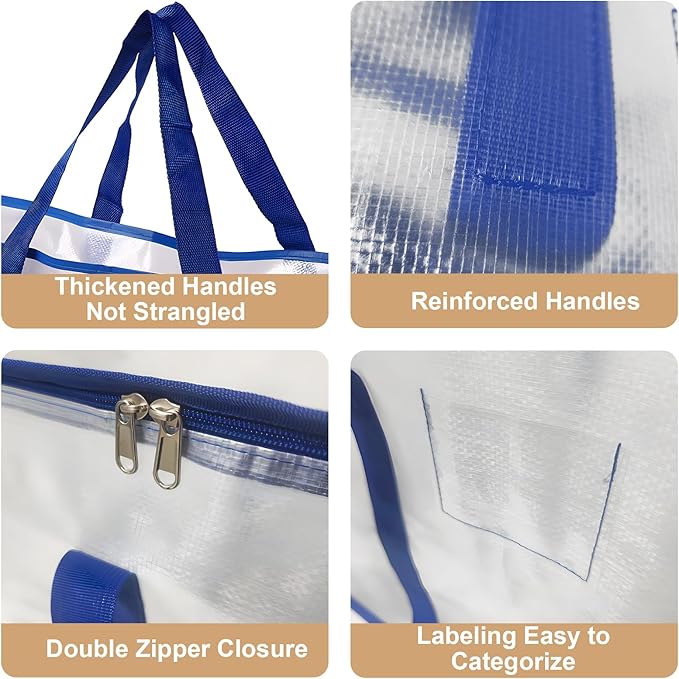 4 Pack Large Strong Moving Bags with Carrying Handles&Zippers, Fold Flat, Water-Resistant&Heavy Duty Storage Tote for Space Saving, Alternative to Moving Box (Semi-Transparent)