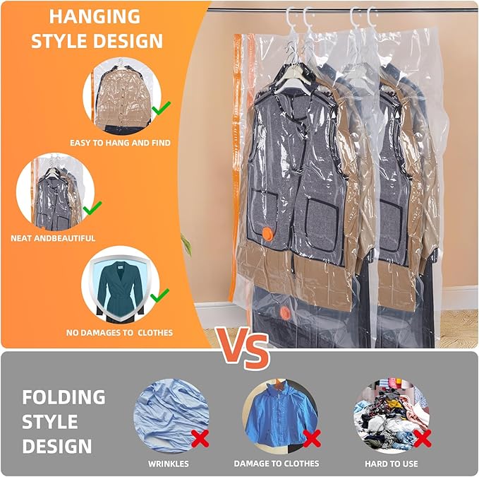 AGPTEK 6-Pack Hanging Vacuum Storage Bags for Clothes, Suits, Dresses & Jackets (3 Jumbo,3 Large) with Electric Pump - Space Saver Closet Organizer, Travel & Moving Supplies, Heavy Duty PA+PE
