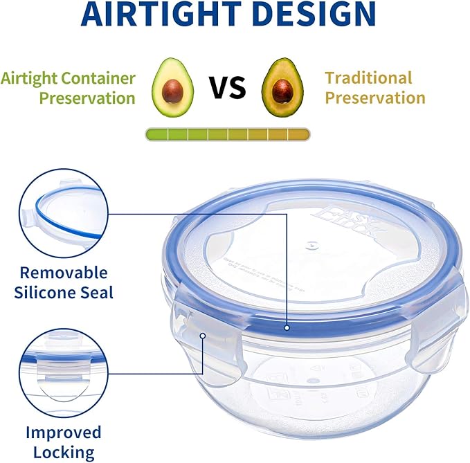 KIGI Round Food Storage Container, Leakproof Plastic Bowls with Lid Set for Soup, Snack, Fruit, Meal Prep & Lunch, 4 Sided Locking Airtight Lid, BPA Free, 20 oz / 2.5 Cup, 12 Piece Set