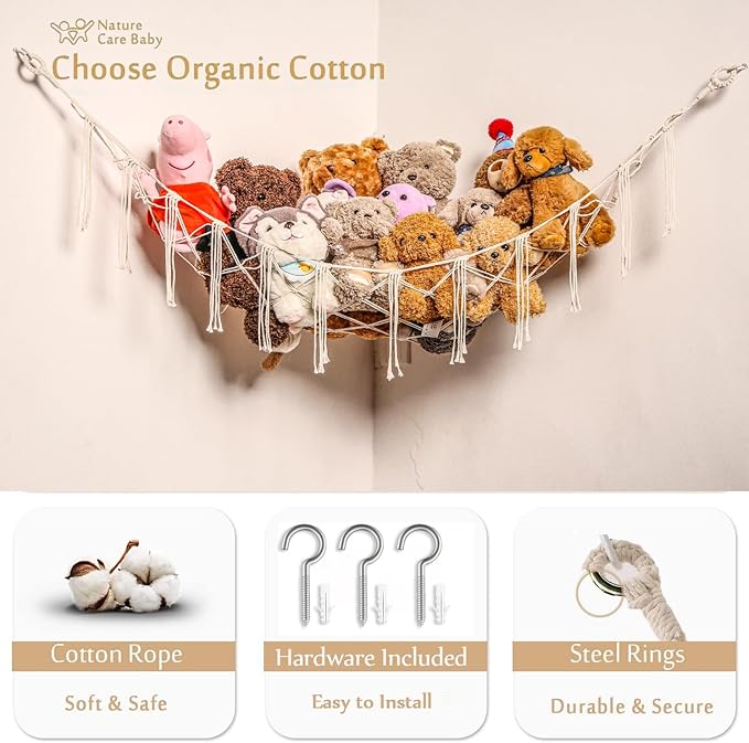 YKBU Stuffed Animals Hammock Corner Hanging Net Macrame Stuffed Animal Storage Plush Toy Holder Toy Organizer for Boho Nursery Playroom Bedroom Kids Room (cream, Large)