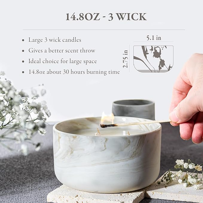 Vanilla Caramel Soy Candle, 14.8oz Soy Wax, 3 Wicks, Long-Lasting with Heat-Resistant Ceramic Jar, Soy Candles for Home Scented, Large Candle Gift for Womens at Living rooms Bedrooms Bathrooms Offices