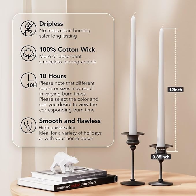 12-Inch Tall Dripless Taper Candles Set of 4 - White Tapered Candles, Perfect for Wedding,Dinner - Smokeless, Unscented, Long Burning - Hand Poured, Colored Tall Candlesticks - Blancas