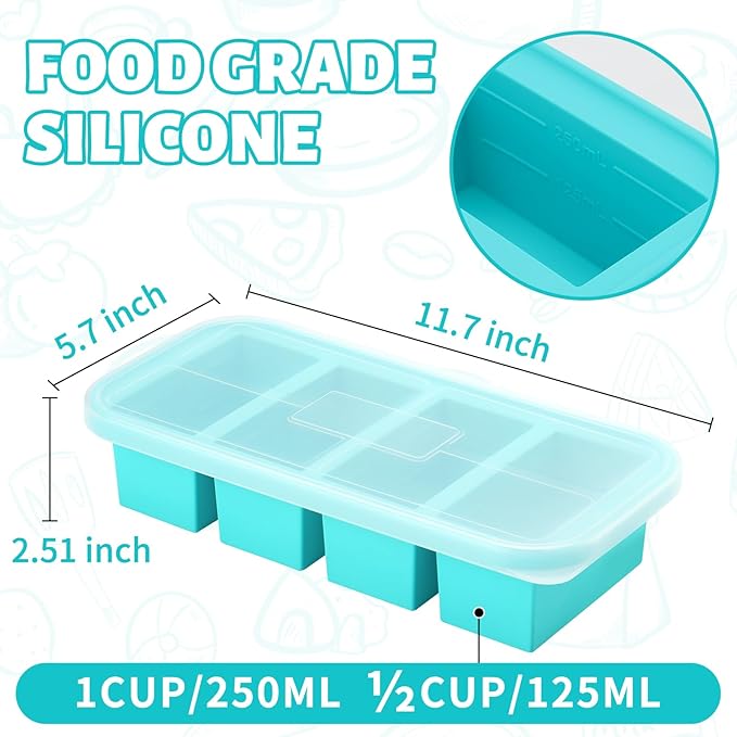 Silicone Freezer Trays with Lid,4 Cup Soup Freezer Container large Ice Cube Molds with Reinforced Steel Ring Top for freezing Soup Sauce Broth Leftovers oven,Easy to demold & Easy Meal Prep Container
