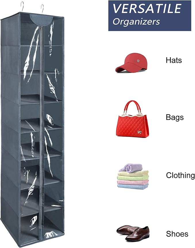 Coastal Rose 8 Tier Clear PVC Hanging Organizer With Zipper, Sweater Storage Shelves With Cover, Shoe Organizer for Closet, Grey