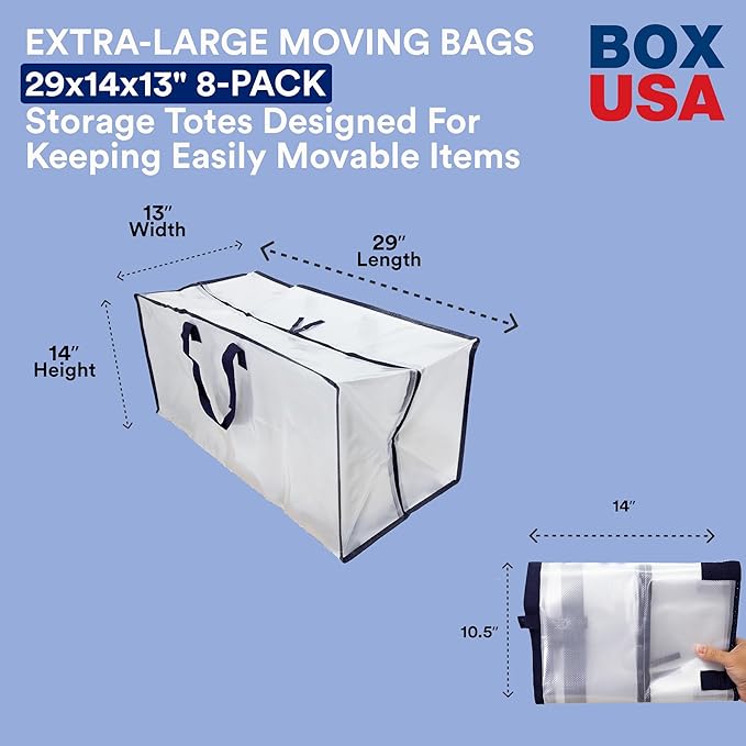 BOX USA 8-Pack Moving Bags with Strong Handles & Zippers - Heavy Duty Extra Large Packing Bags for Storage, Moving Boxes, Dorm & College Supplies, Clear