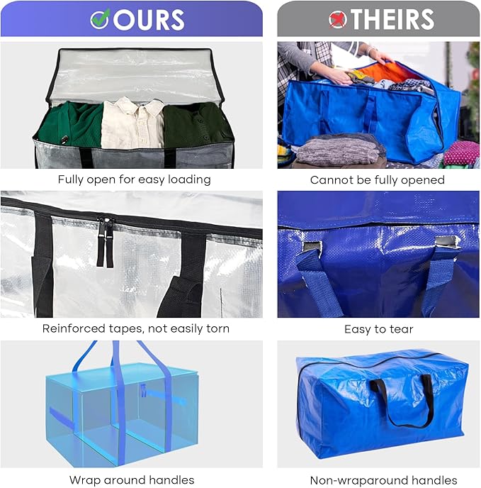 SINLAND 4 Pack Extra Large Heavy Duty Moving Bags with Strong Zippers, Reinforced Handles and Tag Pocket, Packing Totes Supplies for College Dorm Room, Packing Bags for Saving Space(Semi-Transparent)