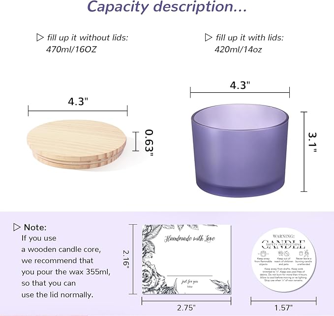 6 Pack Glass Candle Jars with Lids (16oz, Frosted Purple) - Large Candle Jars for 3 Wick Candles Making - Empty Candle Jars Containers - Candle Making Accessories include 16Pcs Candle Labels