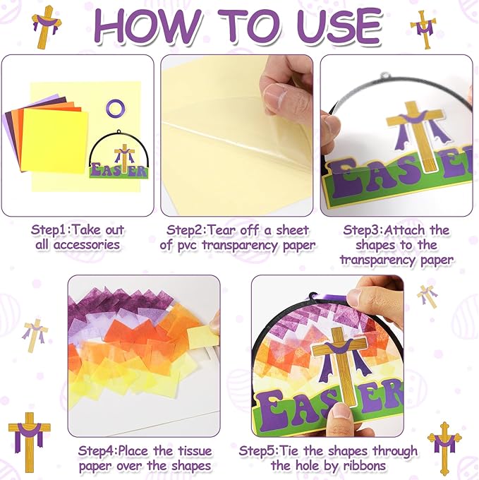 Qyeahkj 36 Set Religious Easter Cross Suncatchers Crafts for Kids DIY Christian Resurrection Window Tissue Paper Craft Kit Hanging Decor for Sunday School Activity Art Project Birthday Party Favor
