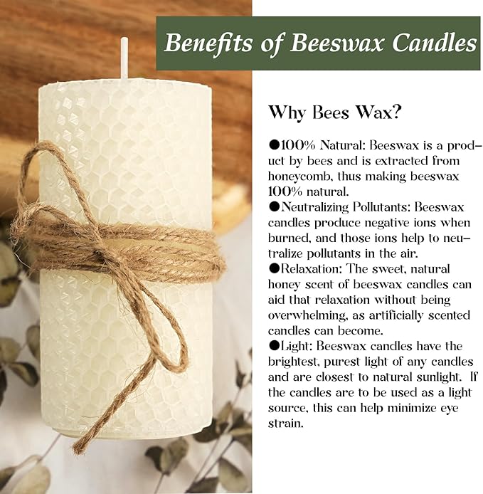 White Hand-Rolled Beeswax Candles, 4 Packs, 2x4 Inch White Honeycomb Pillar Candle, 15 Hour Burn Time Ivory Handcrafted Bees Wax Candles for Gift Choice, Candle Lovers, Home Decor