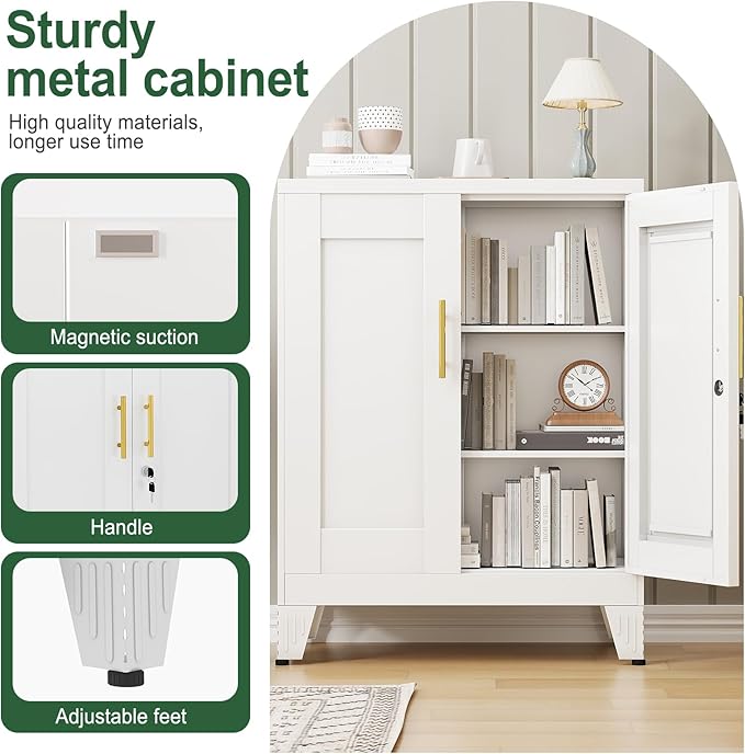 White Metal Storage Cabinet, 36" Tall Locking Storage Cabinet with 2 Adjustable Shelves, Steel Locker Organizer, for Office, Home, School