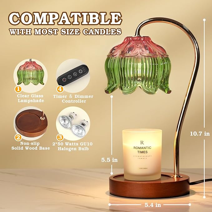Funistree Glass Candle Warmer Lamp with Timer, Electric Candle Warmer Lamp, Graduation Birthday Gifts for Women Girls, Flower Candle Light Warmer Gifts, Aromatic Candle Warmer for Vintage Home Decor