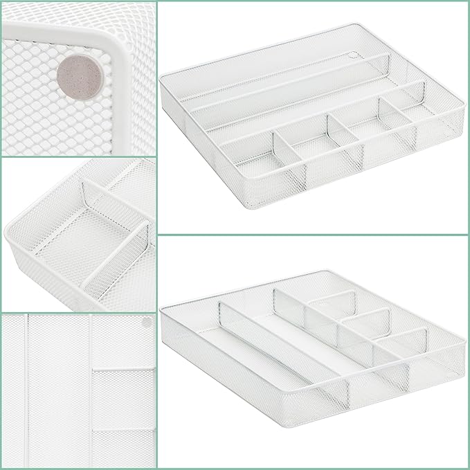 Annova Desk Top Organizer Tray for Office Organization - Metal Mesh - Storage Tray with Dividers for Pens, Desktop Accessories, Bathroom, Kitchen, Makeup and Office Supplies (Large, White)