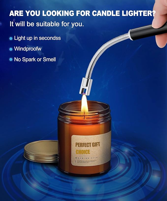 Candle Lighter, USB Charging Flame Candle Electronic Arc Lighter with LED Battery Display Safety Switch, Longer Flexible Neck for Camping BBQ Gas Stoves and Fireworks (Black)