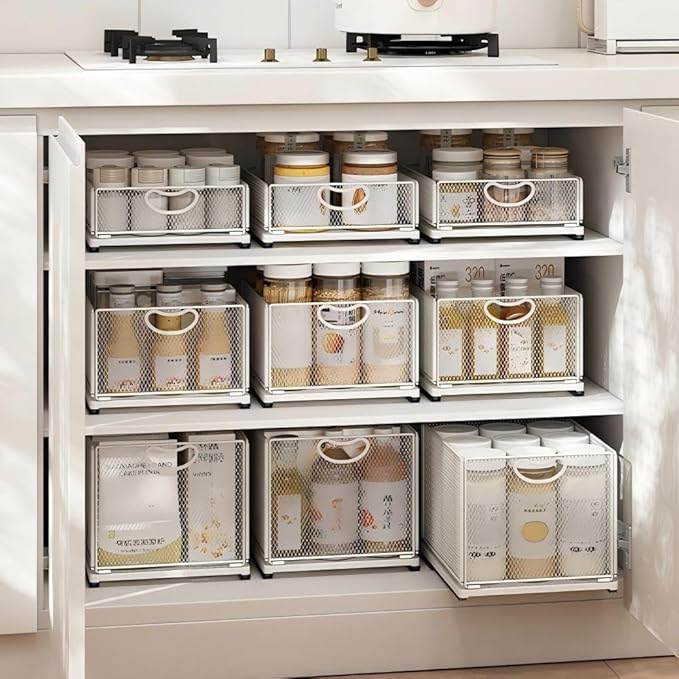 2 Pack Pull Out Cabinet Organizer, No Drill Adhesive Sliding Drawers for Kitchen, Metal Mesh Wire Storage Shelf for Pantry & Under Sink, White (9.6" W x 15.7" D x 3.9" H)