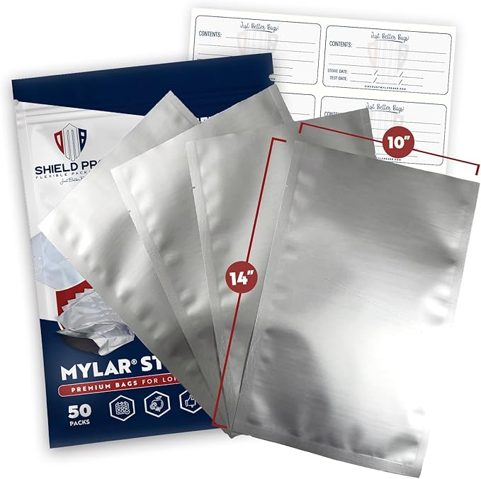 7.5 Mil Mylar Bags/Pouches - Multiple Sizes Genuine Aluminum Foil-Lined Bag for Long Term Food, Grain, Baking, Storage Container (50) (10"x14")