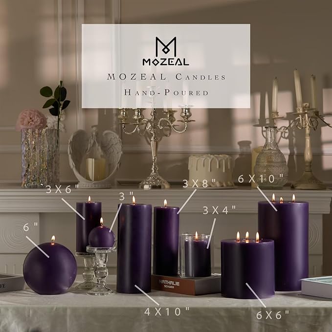MOZEAL 3" x 8" Hand-Poured Unscented Large Candle,Smokeless Rustic Pillar Candle Set of 2,No Drip,Approx 150 Hours Burning,Wedding,Dinner,Christmas and Home Decorative,Tall Dark Purple Candle