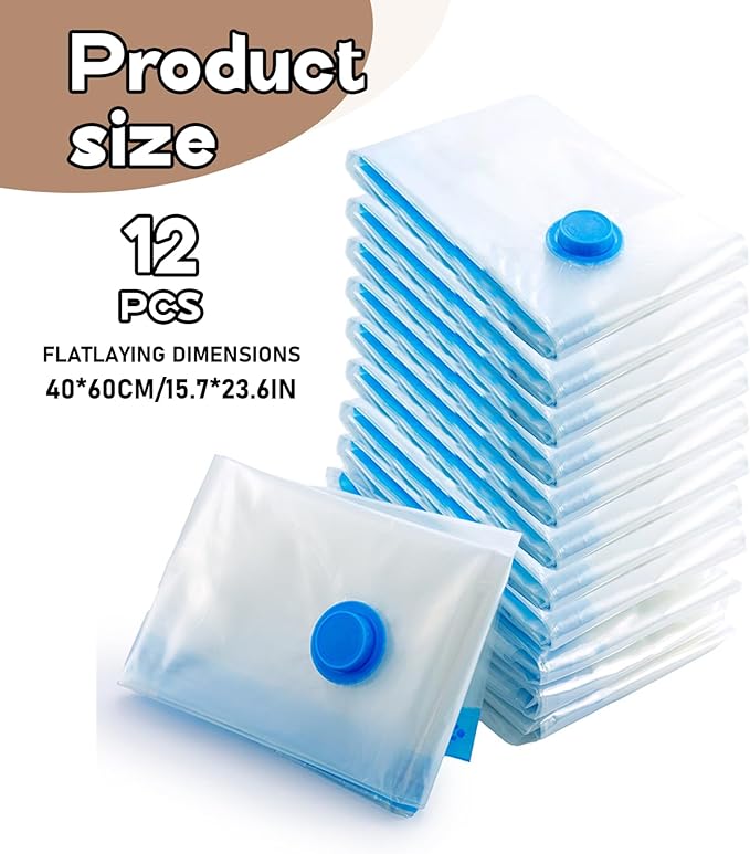 12Pcs 16x24 Inch Vacuum Storage Bags, Airtight Space-Saving Vacuum Seal Bags Portable Reusable Sealer for Home Travel Moving Supplies