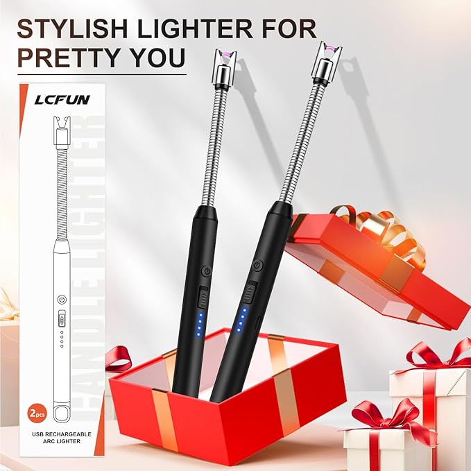 LcFun 2 Pack Candle Lighter Windproof USB C Rechargeable Electric Lighters with 360° Flexible Neck & Safety Lock, Windproof Flameless Long Lighters Matches for Candle, Grill, BBQ, Camping, Gas Stoves