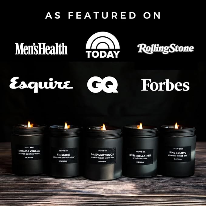 Craft & Kin Premium Smoke & Vanilla Candle | Black Scented Candles for Men | Long Lasting with 45 Hour Burn Time, 7.6oz | Soy Candle | Aromatherapy at Home | Gifts for Men