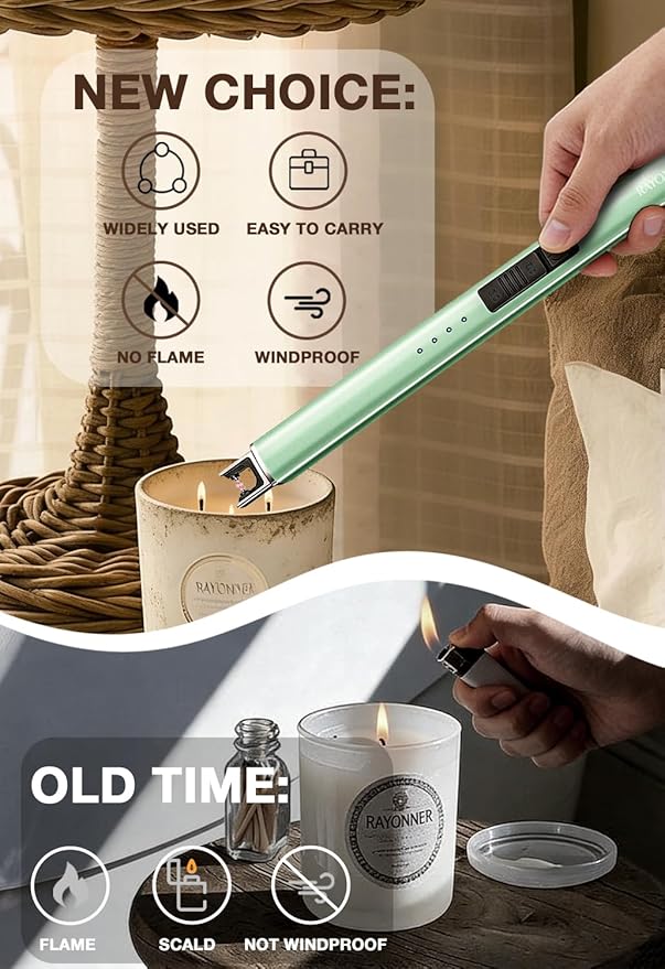 Electric Candle Lighter USB Rechargeable Plasma Arc Windproof Flameless with Safety Lock Ideal for Candle BBQ Camping Birthday Housewarming Gifts for Women & Men (Green*3, 1 Count (Pack of 3))