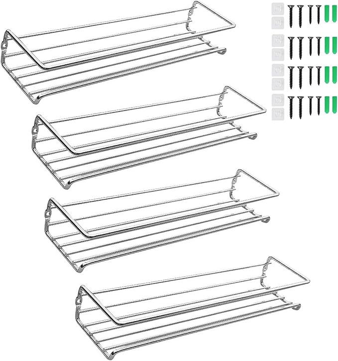 Carbon Steel Wall-Mounted Kitchen Spice Rack,Wall-Mounted Spice Rack Heavy-Duty Space-Saving Organizer with Adhesive or Screw Mountable, for Cabinet Doors, Pantry Walls (4Pcs Silver)