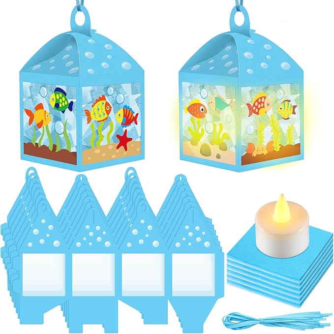 Simgoing 12 Sets Under The Sea Crafts with LED Candle Light DIY Summer Fish Fishbowl Tissue Paper Crafts Kits Make Your Own Under The Sea Party Aquarium for Summer Home Activities