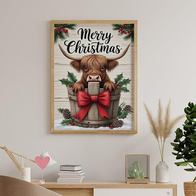 AIVKIEJK Diamond Painting Kits for Adults - Highland Cow Merry Christmas Painting DIY 5D Full Drill Diamond Dots Paintings with Diamonds Gem Art and Crafts Home Decor 12"x16"
