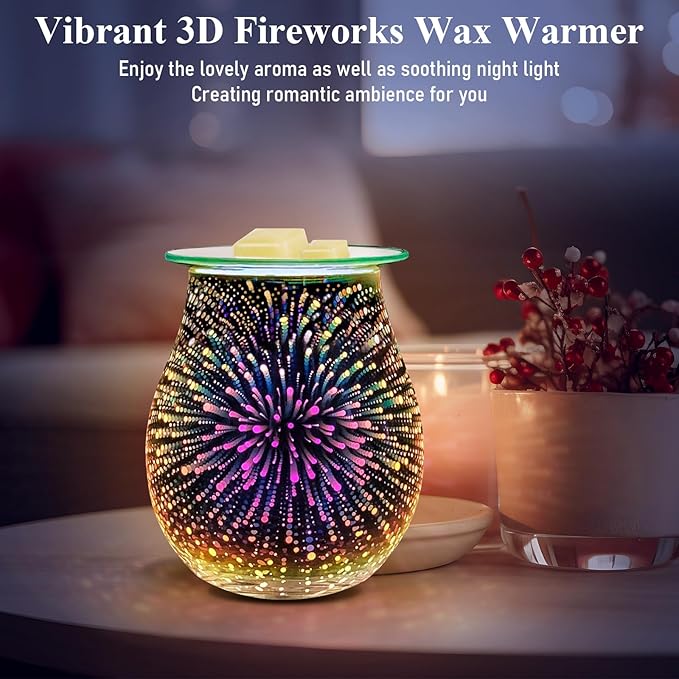 EQUSUPRO Wax Melt Warmer with Timer- Electric 3D Glass Wax Melter Candle Melt Warmer Wax Burner Fragrance Warmer for Scented Candles and Wax Melts to Home Office Gifts & Decor (Fireworks-Dimmer)