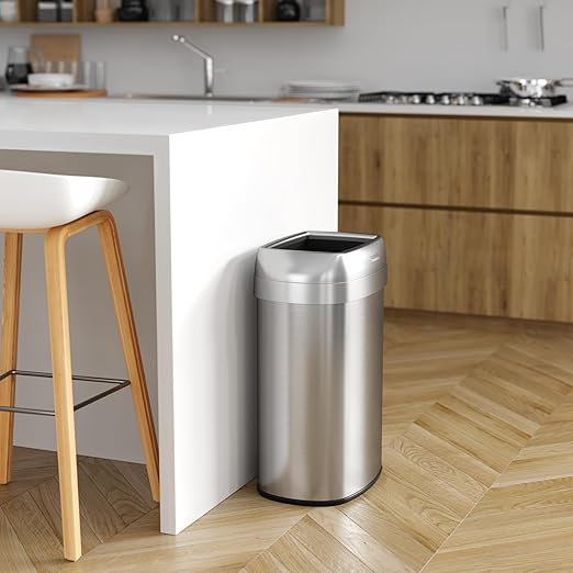 iTouchless 13 Gallon Oval Open Top Trash Can and Recycle Bin with Double AbsorbX Odor Filters, Space-Saving Large Capacity Commercial Grade for Home, Office, Garage, Business, Stainless Steel