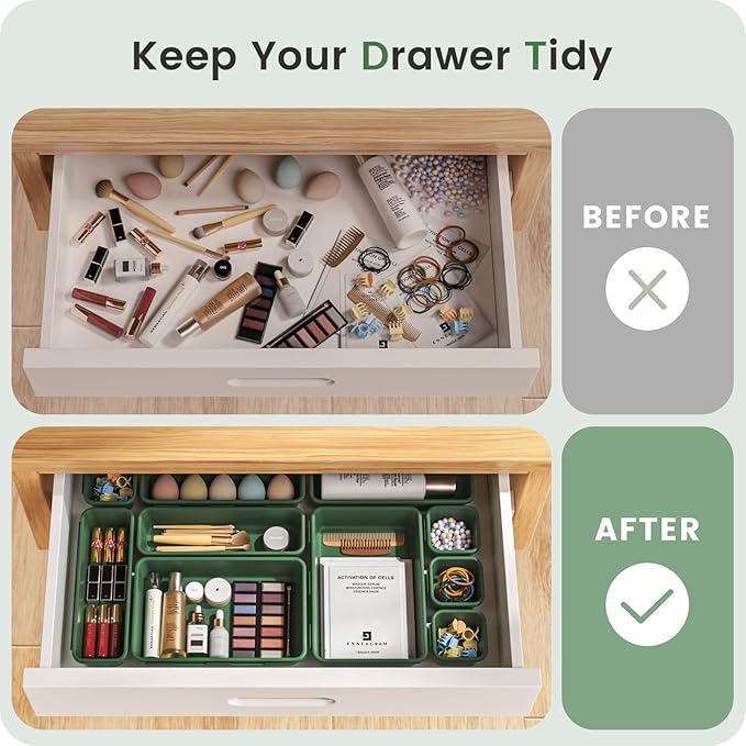 A-LuGei 【𝟰𝟲𝗣𝗖𝗦 & 5 Size】 Tool Box Organizer Tray Divider Set,【Army Green】 Desk Drawer Organizer,Garage Organization and Storage Toolbox Accessories Rolling Tool Chest Cart WorkBench Small Part