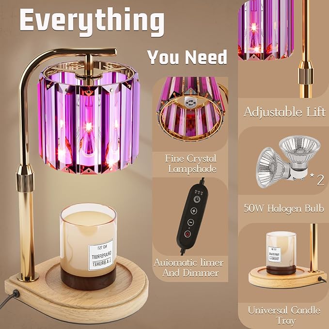 IN HAPPY Purple Candle Warmer Lamp with Timer and Dimmer, Electric Adjustable Candle Lamp Warmer, Birthday Gifts for Women, Mothers Day Gifts for Mom, Wax Warmer Lamp for Jar Candles with 2 Bulbs
