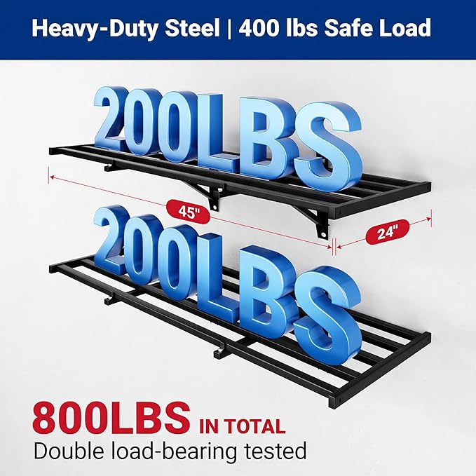 FLEXIMOUNTS 2x4ft Garage Wall Shelving, 2-Pack Heavy Duty Garage Shelving Wall Mounted with 8 Hooks, 400lbs Capacity, Storage for Power Tools, Garden Supplies, Storage Bins, Lite Series