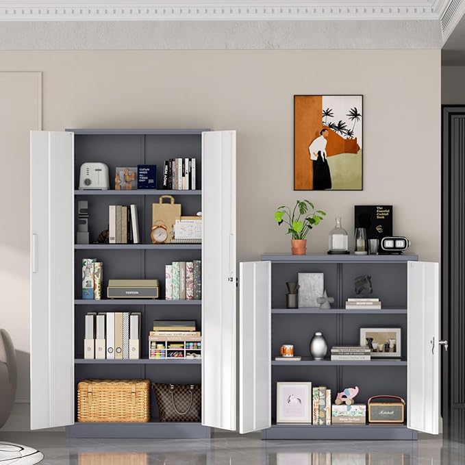 Superday Metal Storage Cabinets, 71" Storage Cabinet with Locking Door, Tall Garage Cabinet with 2 Doors and 4 Adjustable Shelves for Home Office, Classroom, Easy Assemble(White Grey)