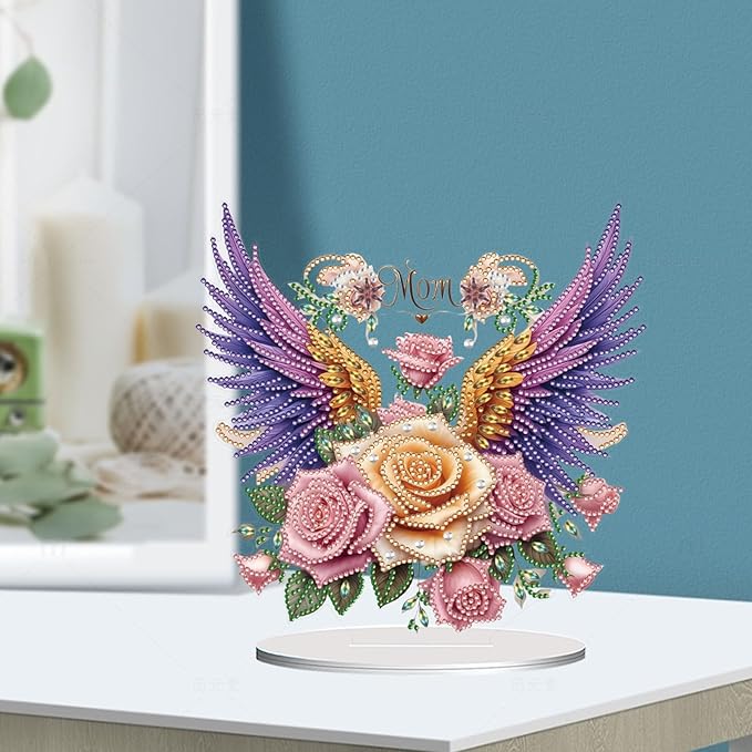 ARTopet DIY Diamond Desktop Ornament PET Irregular Shape Special Shaped Crystal Double Sided Pattern Single Sided Diamond Art Painting Tabletop Home Ornaments Decor (Mother’s Day Rose Wings)