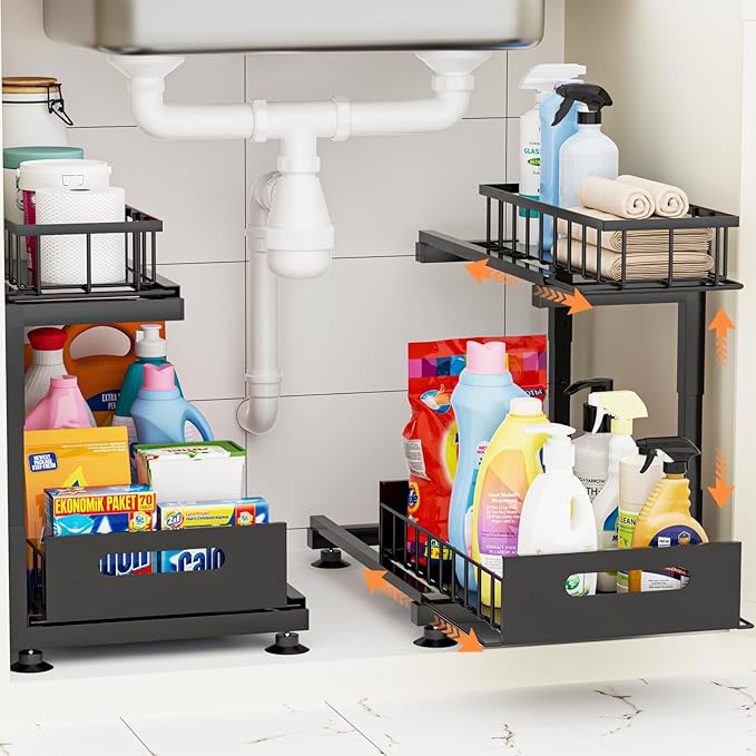 Under Sink Organizer, Heavy Duty Metal Pull Out Cabinet Organizer Slide Out Sink Shelf Organizer Height Adjustable, Multi-Purpose Storage Shelf for Kitchen Bathroom(Black,2Pack)