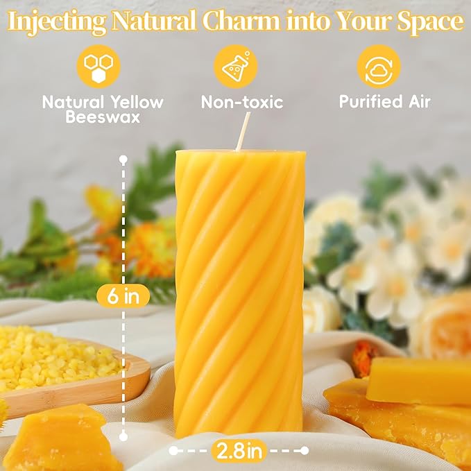 Natural Beeswax Pillar Candles,92 Hours Long Burning,100% Pure Beeswax Candles Unscented Bees Wax Candles for Home,Emergency, Dripless Beeswax Candle Bulk,2.8x6in Spiral Pillar Candles