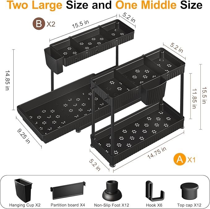 3 Pack Multi-Purpose Under Sink Organizers and Storage, 2026 L-Shaped Pull Out Cabinet Organizer for Bathroom & Kitchen, Under Cabinet Organizer with Hooks Hanging Cup (Black, 14.85 inch)