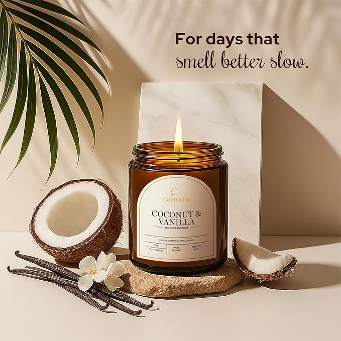 Carnatia Coconut & Vanilla Scented Candle – 7 oz | 100% Soy Wax with Cotton Wick | 50 Hour Burn | Aromatherapy Candle for Home, Stress Relief & Relaxation | Gift for Women & Men