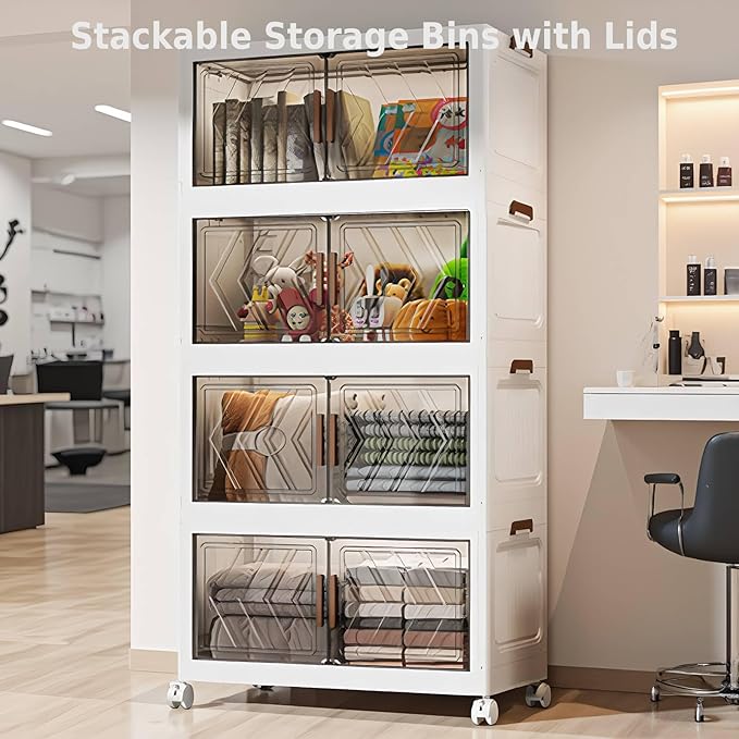 4-Tier Stackable Storage Bins with Lids 94QT Plastic Large Collapsible Storage Containers with Wheels and Magnetic Doors Foldable Closet Organizers for Living Room Garage Home Office, Clear