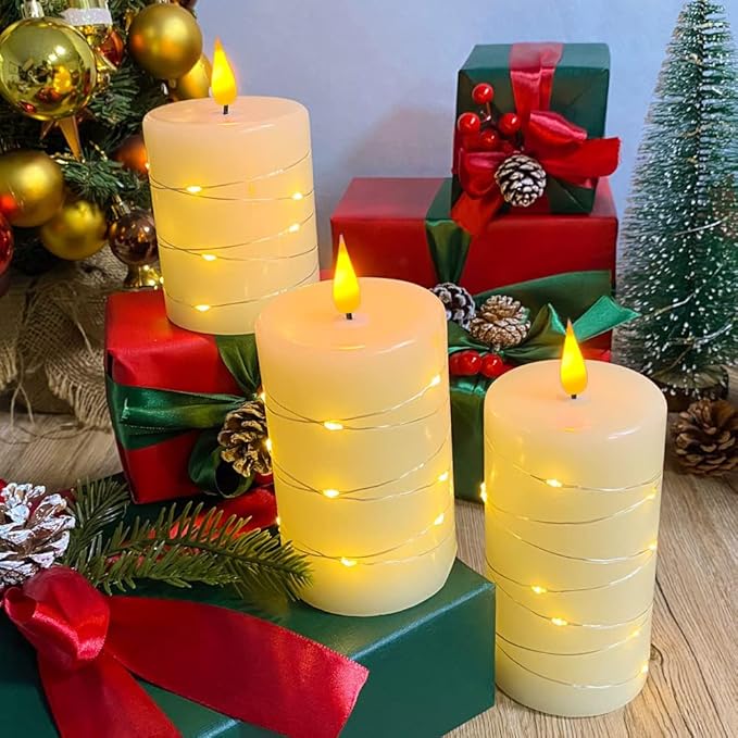 Rechargeable Flameless Candle, Flickering LED Pillar Real Wax Candle with Fairy Lights, Remote Control and Timer, Upgraded Teardrop Wick, Built-in Battery Electronic Candle, Set of 3