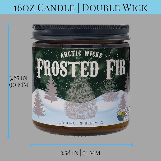 Arctic Wicks Handcrafted Candles | Non Toxic Coconut Beeswax Candles 16oz Double Wick | 100% USDA Certified Biobased, Handmade, Premium Waxes, Non-Toxic (Frosted Fir, 16oz Amber Jar)