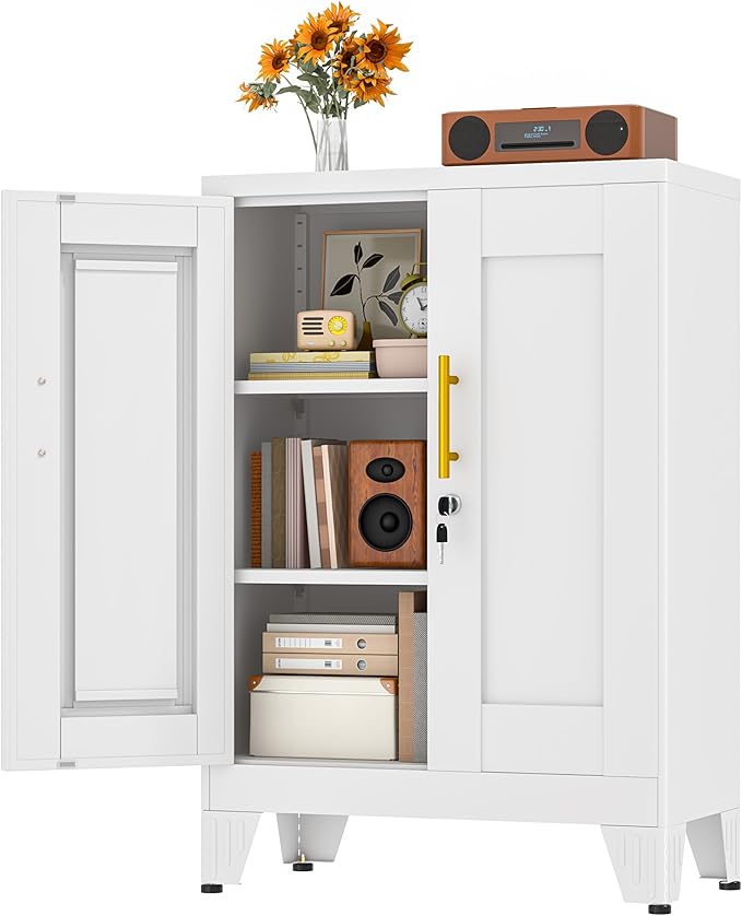 White Metal Storage Cabinet, 36" Tall Locking Storage Cabinet with 2 Adjustable Shelves, Steel Locker Organizer, for Office, Home, School, 11.81" D x 23.62" W x 35.83" H