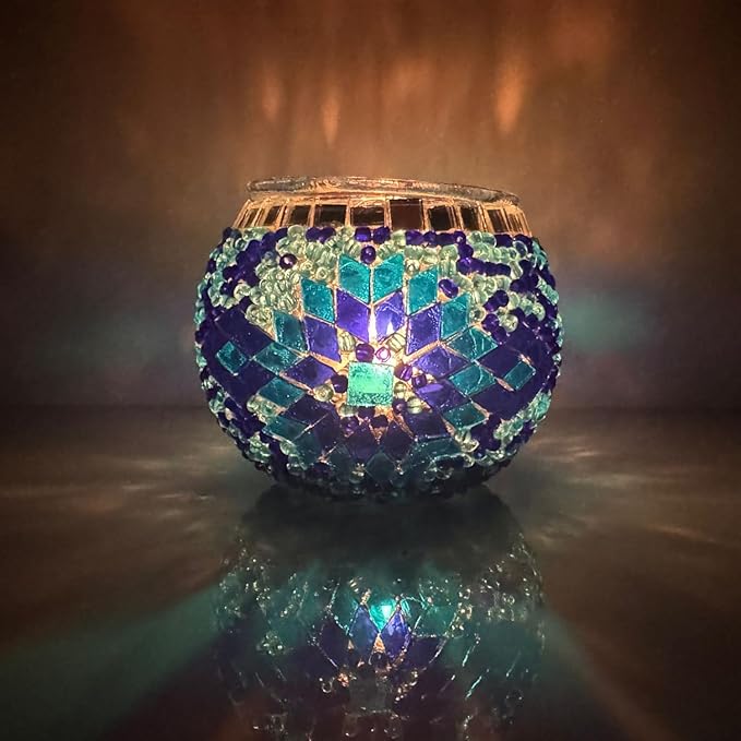 BYTURKISHLAMPS DIY Turkish Mosaic Candle Holder Kit & 1 Glass + 1LB+ Mosaic Tiles and Beads Bulk, Make Your Own Creative Glass and Garden Craft, Making Table Tealight for Adults, Teens, Family, Couple