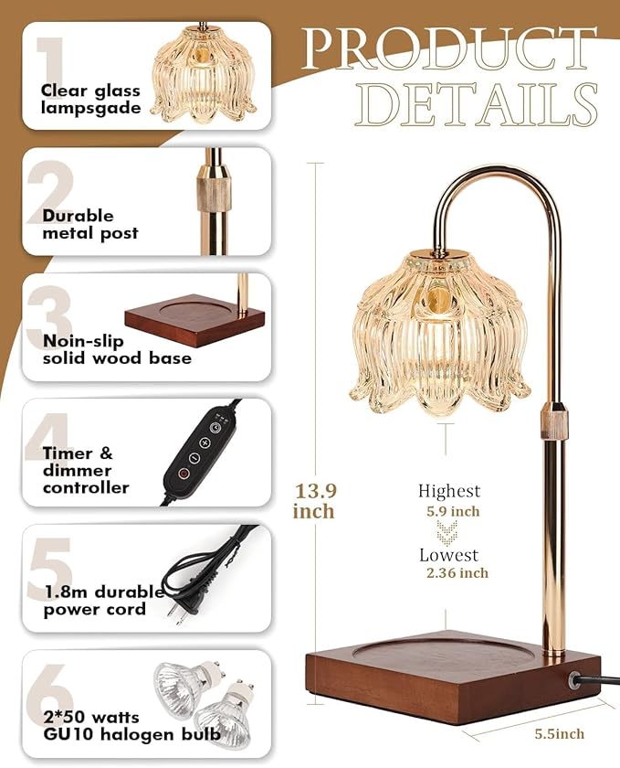 Clear Crystal Candle Warmer Lamp with Timer & Dimmer, Candle Warmer Adjustable Height, Mothers Day Birthday Gifts for Women Mom, House Warming New Home Bedroom Decor, Flower Wax Warmer for Jar Candle