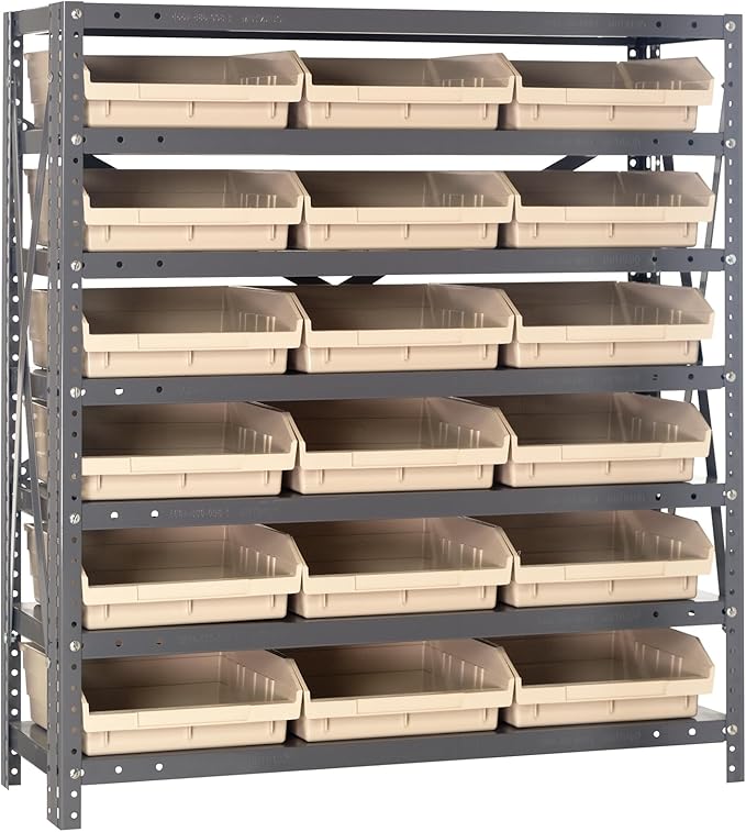 Quantum Storage Systems 1239-109IV Steel Shelving Unit with 4' Shelf Bins, 12' D x 36' W x 39' H, Ivory