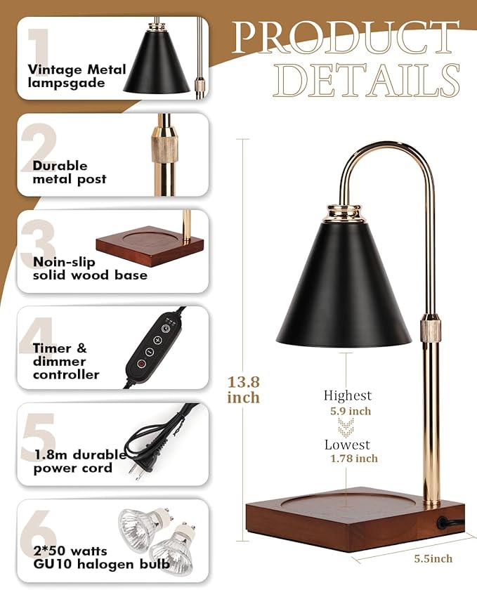 Candle Warmer Lamp with Timer Dimmable,Mothers Day Birthday Gifts for Women Mom, Adjustable Height Candle Warmer, Black Candle Lamp Warmer for Jar Candles with 2 Bulbs Home Decor