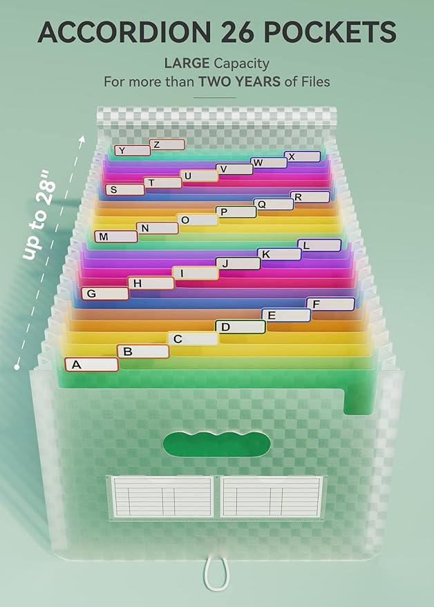 ABC life 26-Pocket Accordion File Organizer, Expandable Monthly Bill & Receipt Holder with Colored A-Z Tabs, Portable Folder Organizer for Home Office School, Fits Letter/A4 Size - Green